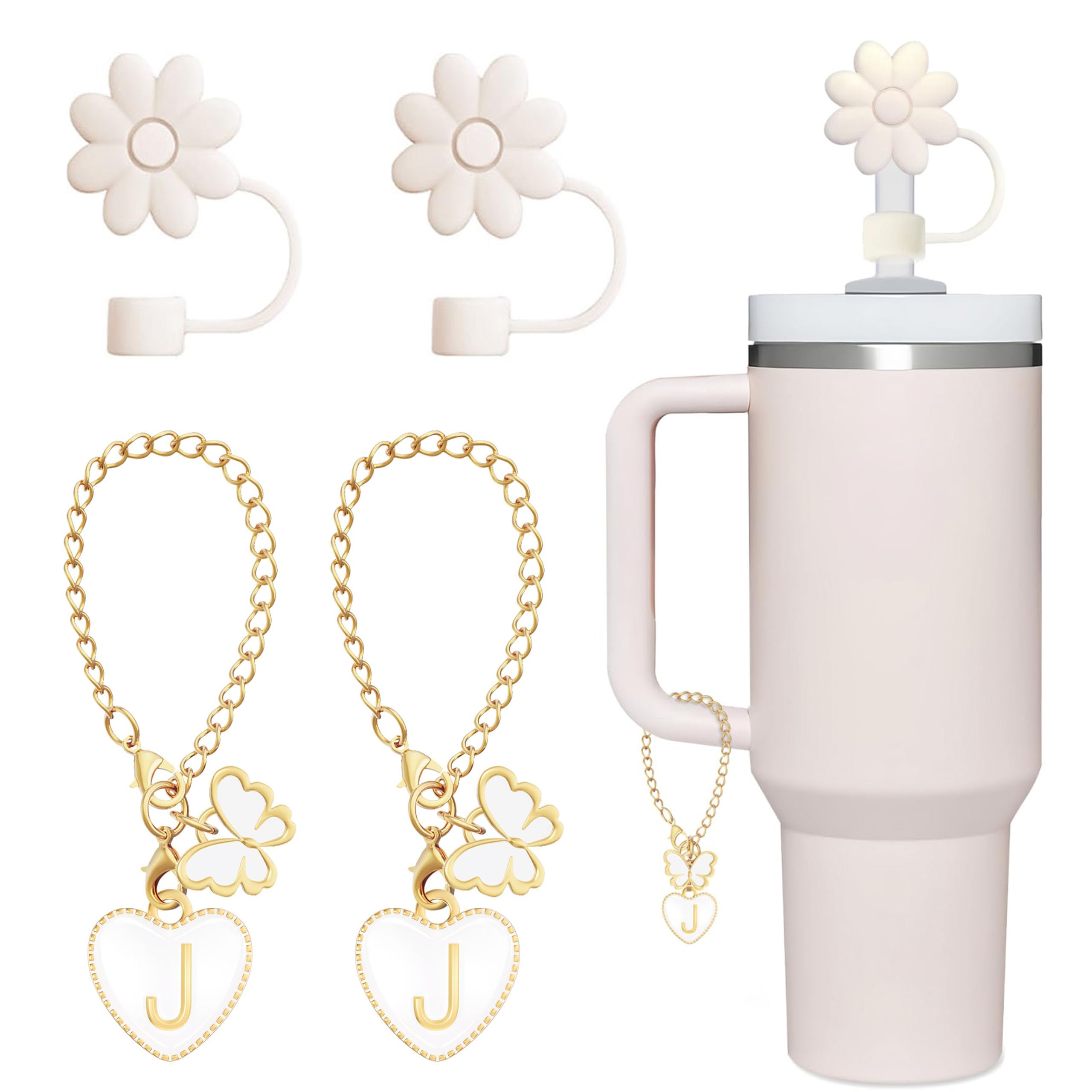 EnigmaDrops Compatible with Stanley Cup Accessories, 2PCS Butterfly Letter Charms with 2PCS 10mm Stanley Straw Cover Cap for Stanley Cup 30&40 Oz, Silicone Stanley Straw Toppers for Stanley Tumbler(J)