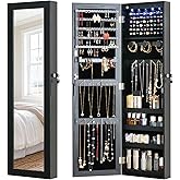 MASMIRE Full Length Mirror Jewelry Cabinet Organizer Lockable Door Wall-Mounted Jewelry Armoire with Shelves and Behind the Door Storage Black