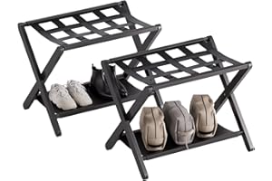 HITNET Luggage Rack for Guest Room, Pack of 2, Suitcase Stand Folding Bedroom, Bamboo Hotel Luggage Holder with Fabric Storage Shelf and Nylon Straps, Black