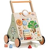 SainSmart Jr. Wooden Baby Walker, Adjustable Height and Speed Baby Push Walker, Montessori Activity Center for 6-12 Months, Push Walking Toys for 1 Year Old Boys Girls Learning to Walk, Animal Theme