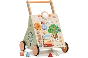 SainSmart Jr. Wooden Baby Walker, Adjustable Height and Speed Baby Push Walker, Montessori Activity Center for 6-12 Months, Push Walking Toys for 1 Year Old Boys Girls Learning to Walk, Animal Theme
