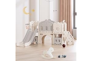 Lischwert 7 in 1 Kids Slide for Toddler with Climber, Basketball Hoop, Climber Hole, Aisle and Storage Space, Kids Freestanding Slide Playset Gift for Toddlers Both Indoors Outdoor Use(Beige & Grey)