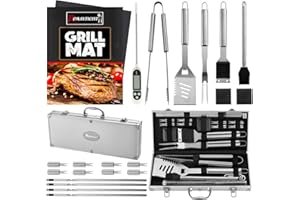 ROMANTICIST 23pcs Must-Have BBQ Grill Accessories Set with Thermometer in Case - Stainless Steel Barbecue Tool Set with 2 Grill Mats for Backyard Outdoor Camping - Father's Day Best Barbecue Gift