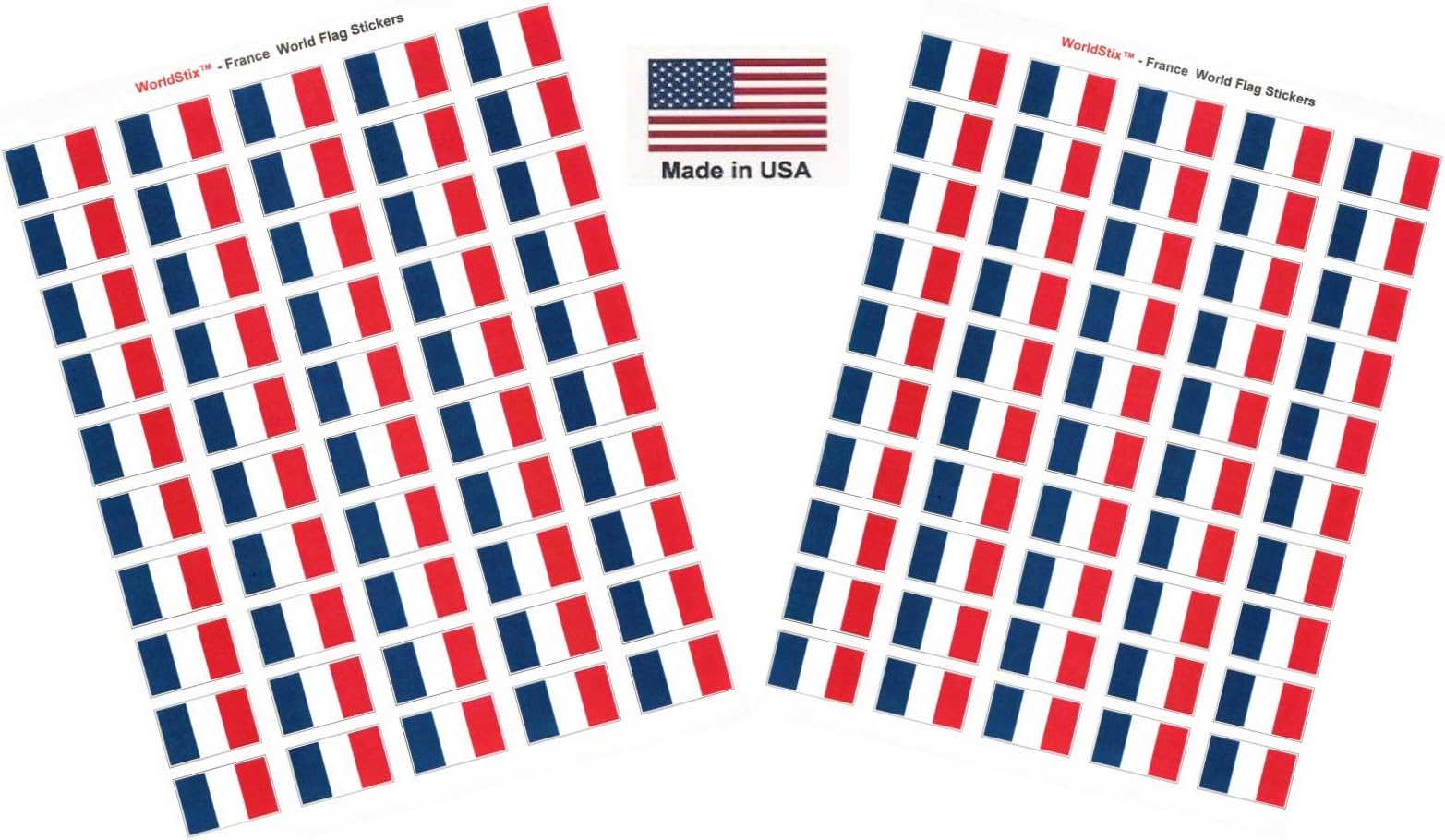 100 France Flag Stickers; American Made Decals Measure 1.5" x 1" & are Self Adhesive; Two Sheets of 50, 100 Sticker Flags Total
