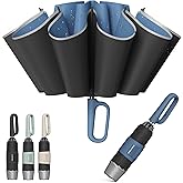 QWB TUMAAOTU Inverted Umbrella with Carabiner Handle, Compact Wind Proof Umbrellas For Rain and Sun Protection, Portable Reverse Folding Umbrella, Car Umbrella for Women Men, 10 Ribs