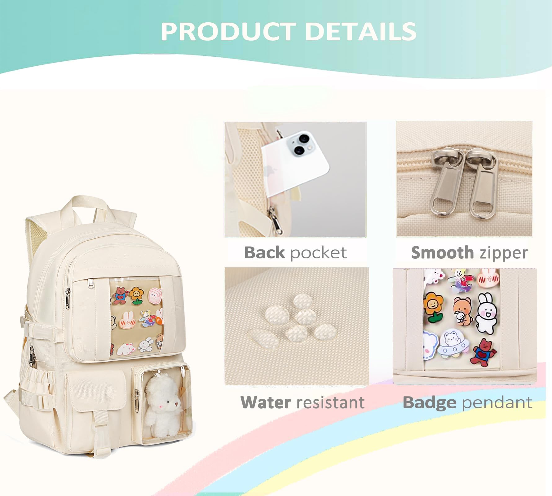 PRLINJSK Kawaii Backpack for Teen Girls, Cute Aesthetic High Middle School College Bookbag with Accessories, Beige