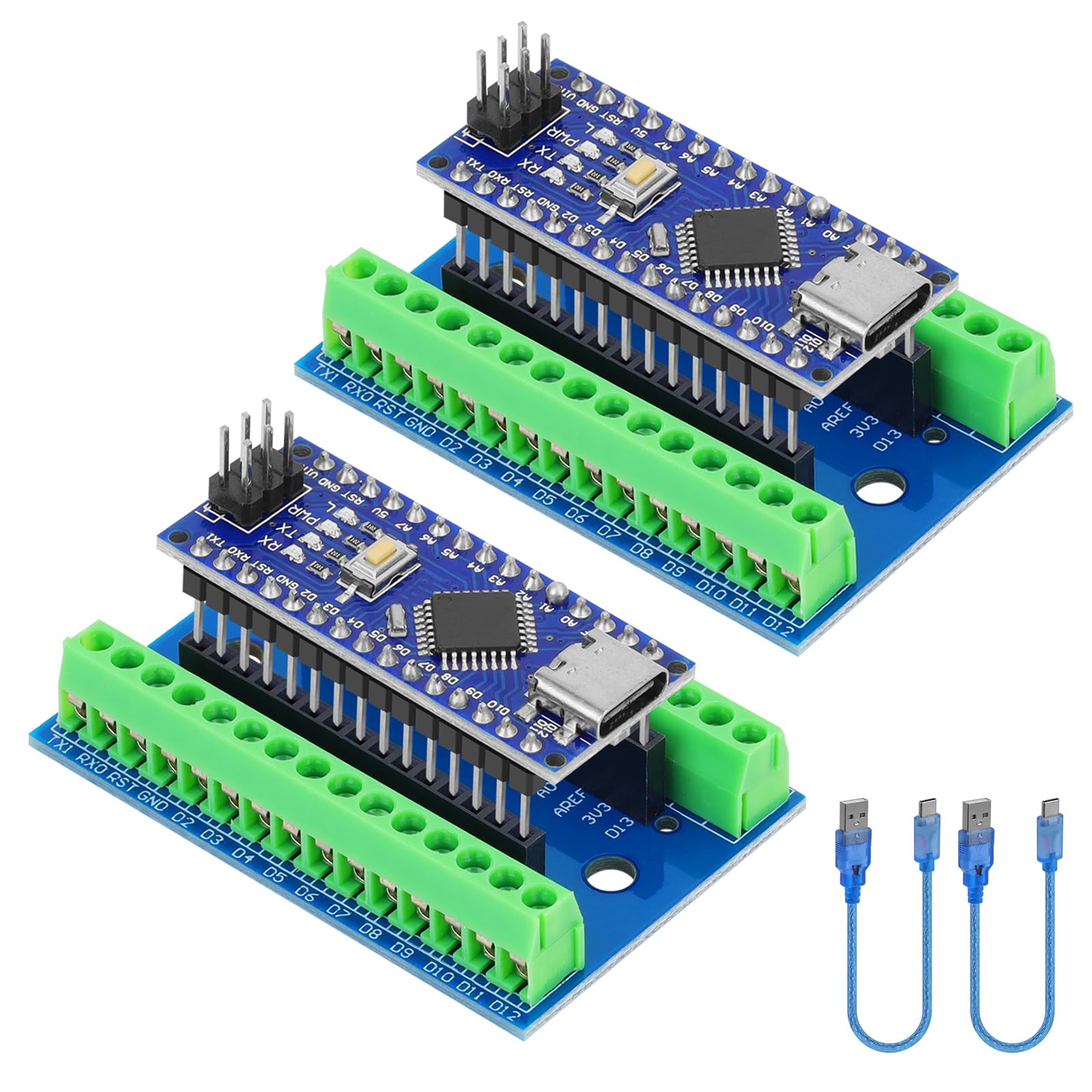 Photo 1 of YELUFT 2pcs Nano V3.0 Board ATmega328P MCU CH340G Chip 5V 16M Microcontroller Type-C Port with USB Cable + Nano V3.0 Expansion Board Nano IO Shield V1.O Terminal Adapter Compatible with Arduino IDE
