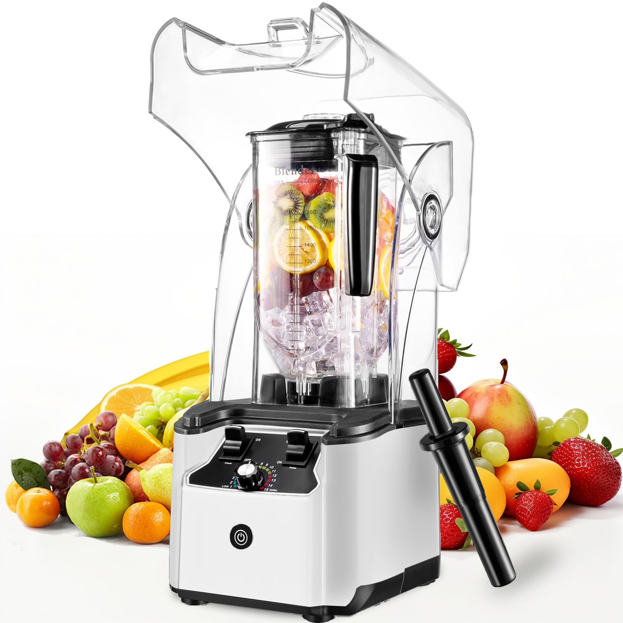 Commercial Blender for Smoothies With Quiet Shield, 2.5HP Motor, Stainless Steel Blade, 80oz Pitcher for Shakes, Smoothies, Ice Crushing, Frozen Drinks, 15 Speeds, Self-Cleaning, White