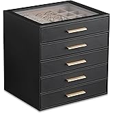 Frebeauty Clear Lid Jewelry Box,5-Layer Jewelry Organizer with Drawer,PU Leather Jewelry Organizers and Storage,Jewelry Boxes for Women,Jewelry Storage for Rings Earring Stud,Gift for Women(Black)