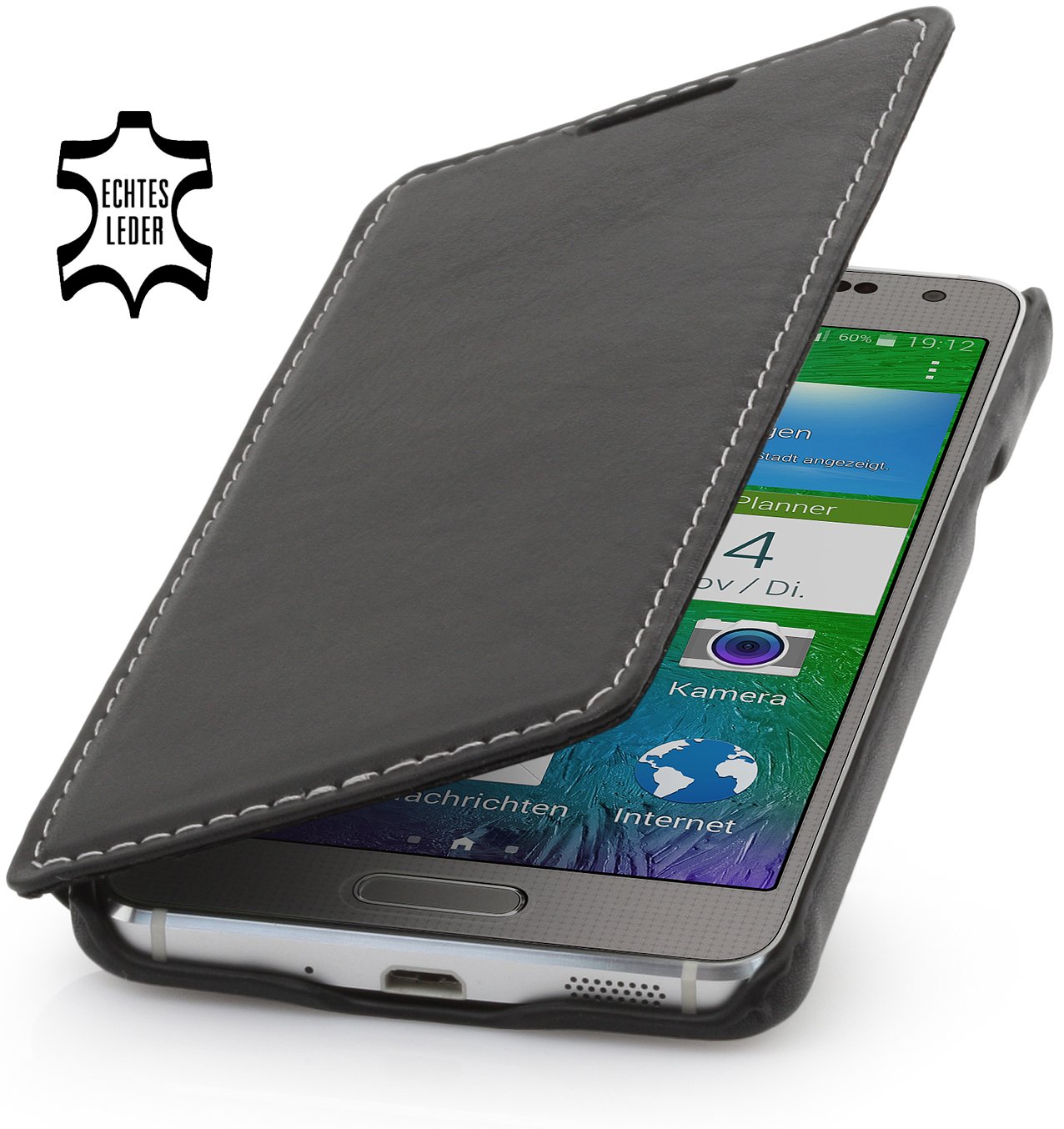 StilGut® Book Type, Leather Case for Samsung Galaxy Alpha, Black Nappa without Clip