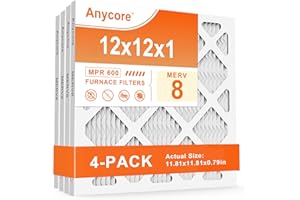 Anycore 12x12x1 Furnace Air Filter MERV 8 MPR 600 FPR 5 HVAC Pleated Filters for Home Office 4-Pack (Actual Size: 11.81x11.81x0.79 inch)
