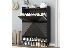 howcool Shoe Storage Cabinet with 2 Flip Drawers, Slim Wooden Freestanding Shoe Cabinet with Cubby and Shelf, Hidden Narrow Shoes Rack Organizer for Entryway Hallway, Holds 24 Pairs, Black