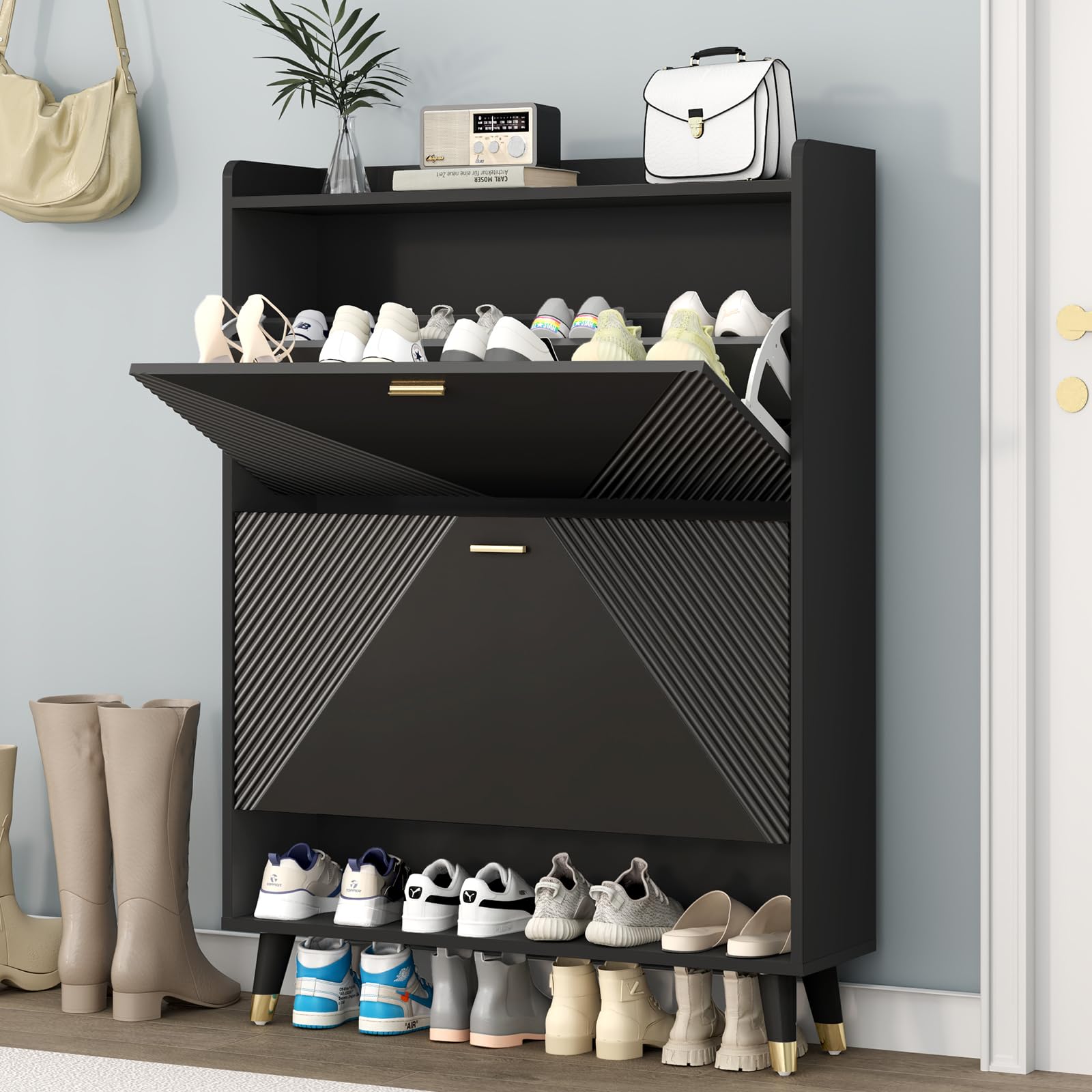 Photo 1 of (item sold for parts only) howcool Shoe Storage Cabinet with 2 Flip Drawers, Slim Wooden Free Standing Shoe Cabinet 