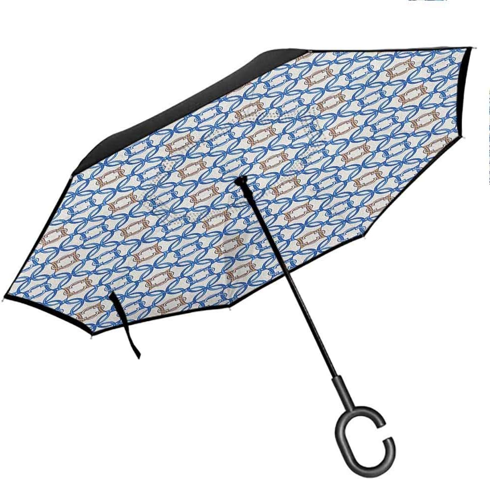 Quatrefoil Inverted Umbrella Travel Compact Ancient Delft Blue Inspired