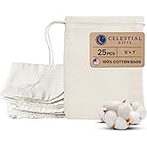 Celestial Gifts Muslin Bags 25pcs 5x7, 100% Cotton Drawstring Bags for Party Favors, Part and More - Made in USA (Natural Hem & Drawstring)