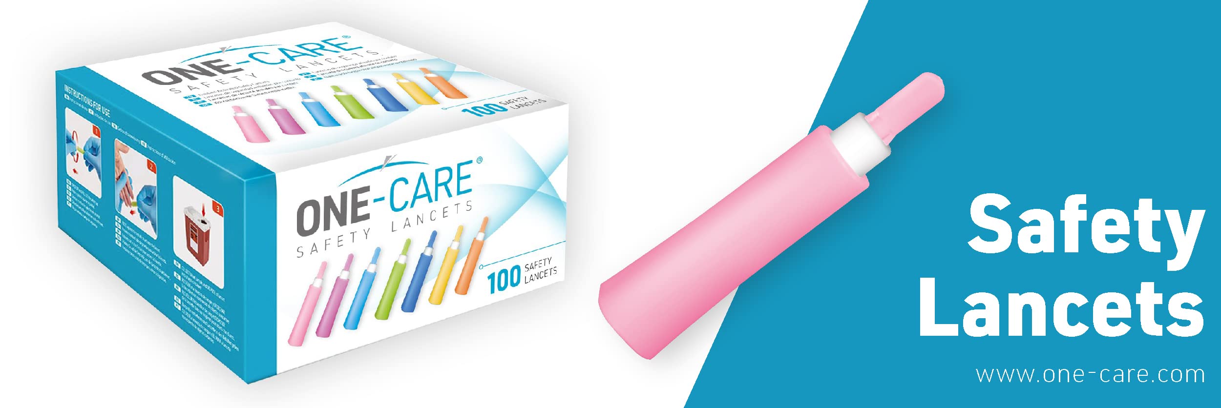 ONE-CARE Safety Lancets, 30G x 1.5mm, Push Button Activation, Gentle, Pre-Loaded, 3-Steps Only, Diabetes Testing, Sterile, Finger Self Prick Device, Glucose Monitor, Single Use, 100/Box