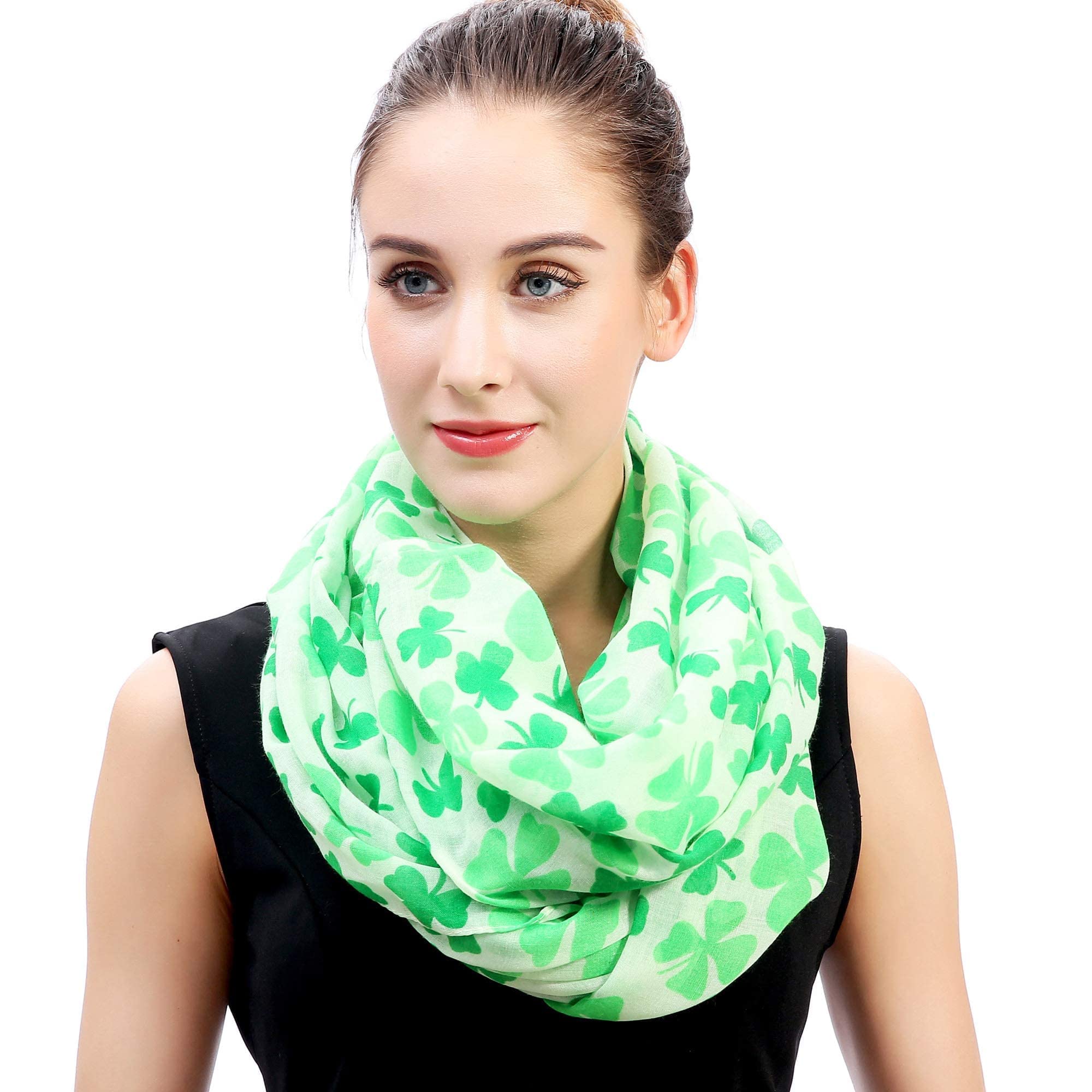 Lina & Lily Bufanda infinita con estampado de trébol de cuatro hojas y trébol para mujer Día de San Patricio (blanco, verde)