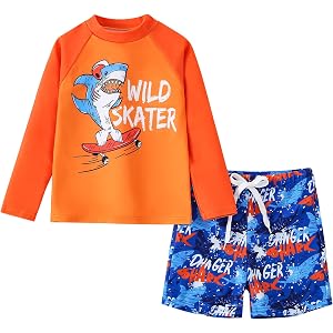 AIWUHE Toddler Boys Swimsuit Set Two Piece Shark Bathing Suit Swimwear Quick Dry Long Sleeve Rashguard and Swim Trunks 2-7Y