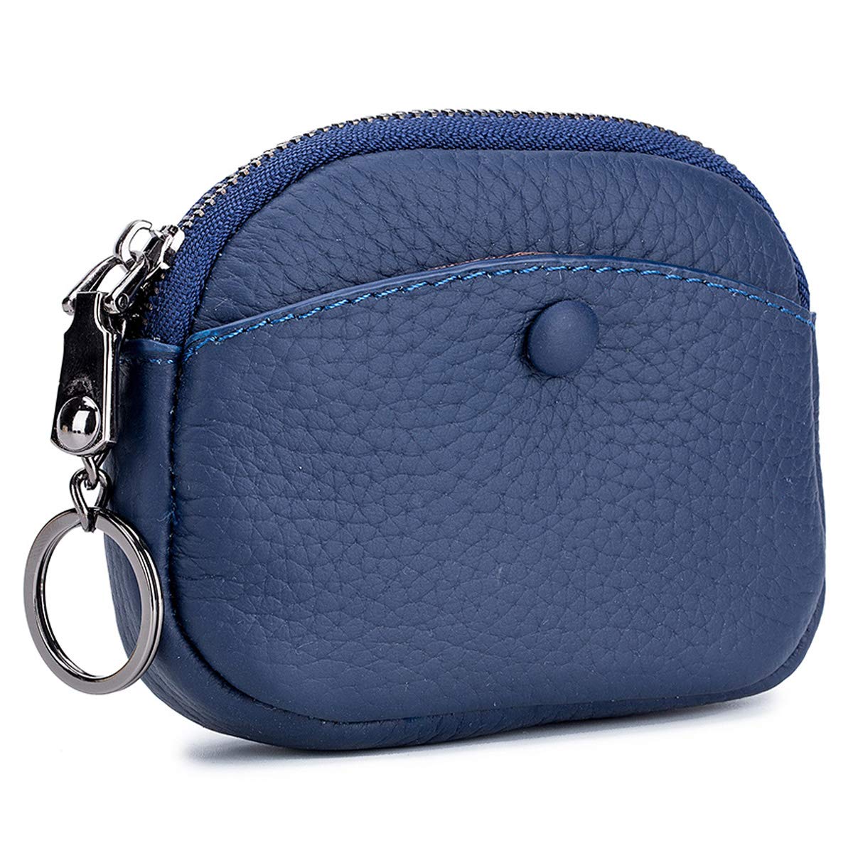 Aileder Small Zipper Coin Purse Womens Girls Genuine Leather Cash Change Wallet Key Card Money Bag Purse with Key Ring (Navy Blue)