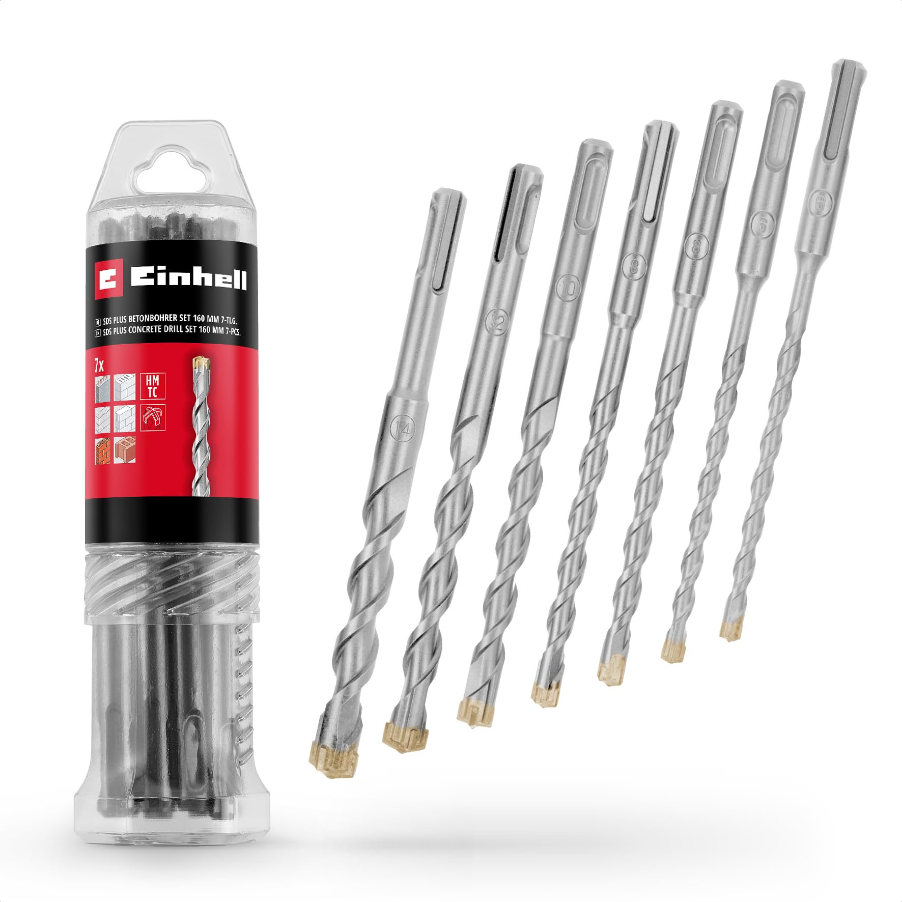 Original Einhell 7-Piece SDS Plus Hammer Drill Bit Set, 160 mm (Made of 40Cr Tool Steel with Four-Edged Carbide Plate, Centring Tip, for Renovation or Concrete-Related Fastening Work)