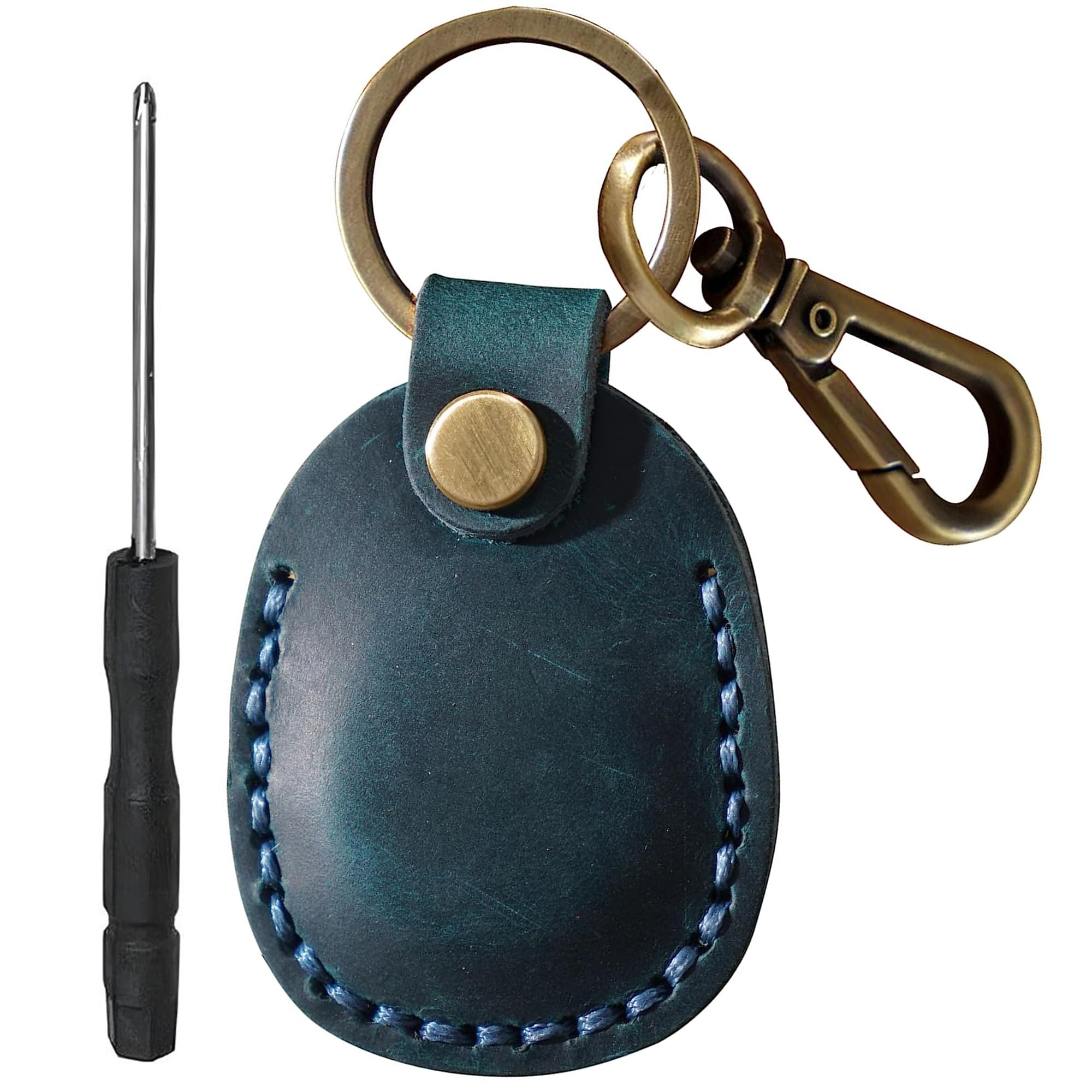 Genuine Leather AirTag Keyring Holder Compatible with Apple AirTags Keychain, Anti Lost Anti Scratch Secure Key Ring Case for Pet Collar Luggage Travel, Full Cover Protective Air Tags Key Chain, Blue