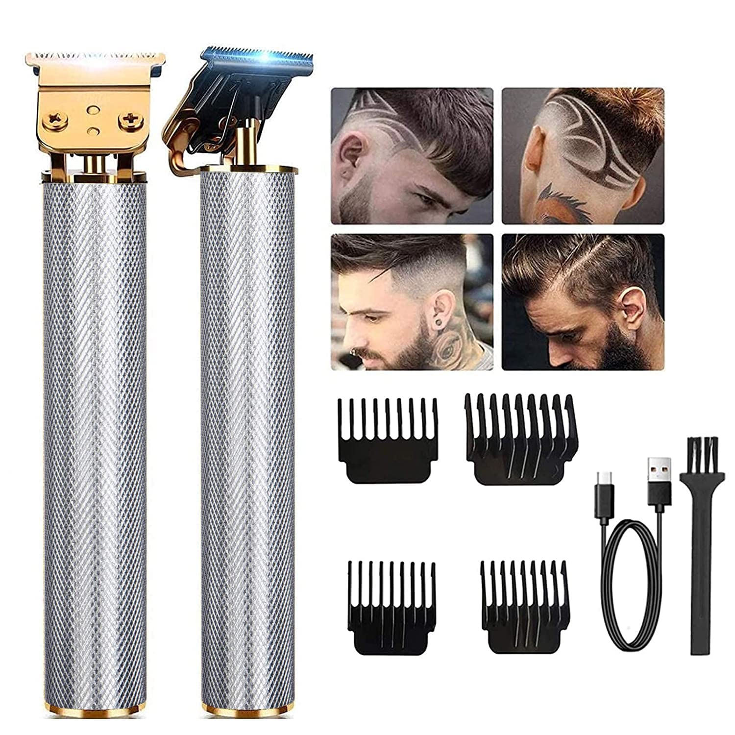 Professional Hair Trimmer Clipper, Zero Gapped T-Blade Close Cutting Hair Clippers for Men Rechargeable Cordless Trimmers for Haircut Beard Shaver Barbershop (Black, 4 Combs) (Silver)
