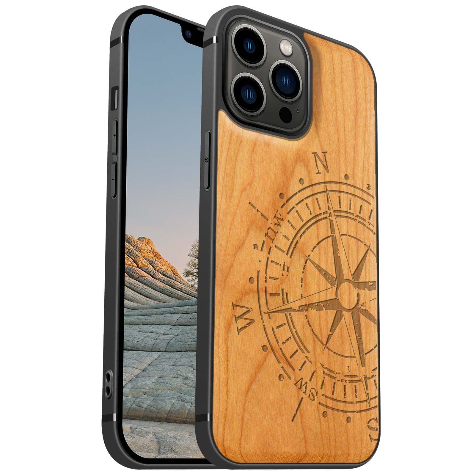 Carveit Magnetic Wood Case for iPhone 13 Pro Max - Hard Real Wood & Soft TPU Hybrid Protective Cover - Unique & Classy Wooden Case - Compatible with MagSafe (Vintage Compass-Cherry)