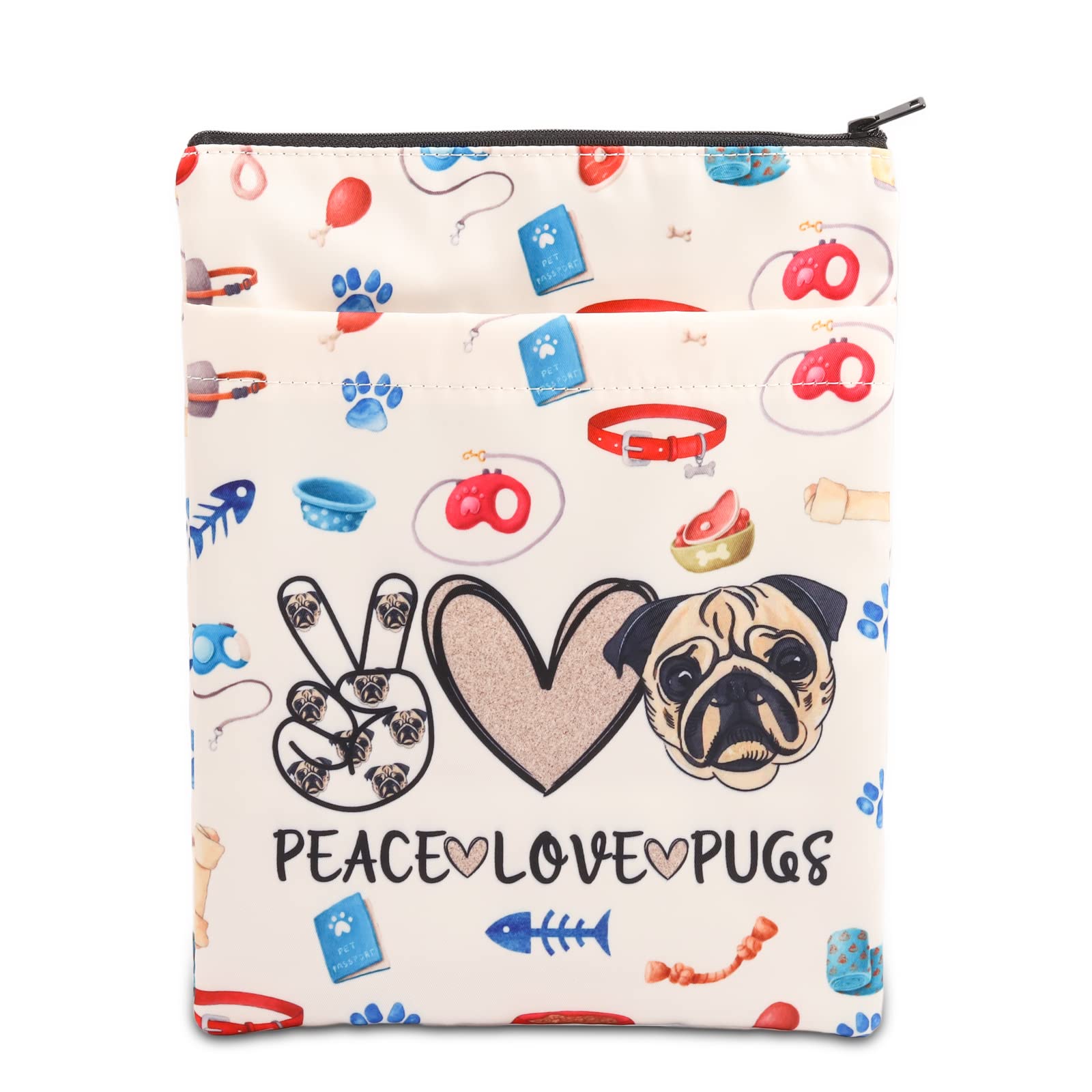 PLITI Pug Book Sleeve Pug Dog Lover Gift Pug Mom Gift Crazy Pug Lady Gift Peace Love Pugs Book Protector for Animal Lover (Peace Pugs BSU)