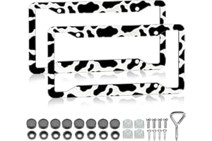 LIN KANG Cow Print License Plate Frame - 2 Pack Cute Animal Cow White Black Spot Tags Frames Holder Covers, Car Decorative Tag Frames for Standard US Canada License Plate Holder 4 Holes 12x6 Inch