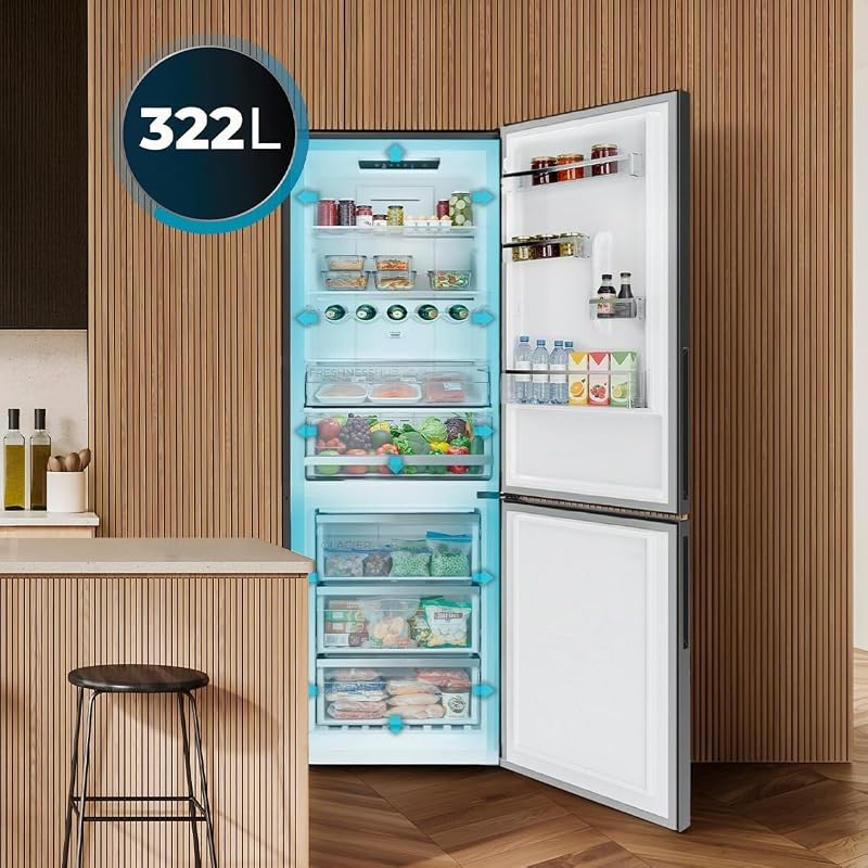 Frigorifero Combinato Total No Frost di 322L Bolero CoolMarket Combi 322i WD Inox E. Altezza 185,5cm, Larghezza 59,5cm, Classe E, Tecnologia Multi Airflow, HumidityFlex HUB, LED Interno, Inox