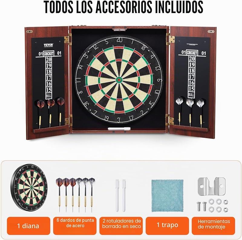 Juego de Tablero de Dardos y Gabinete Oculto de Tamaño Oficial, Paquete Listo para Jugar, con Punta de Acero, Fácil Montaje, con Todos los Accesorios, Juegos Cricket, 45 x 3,8 cm