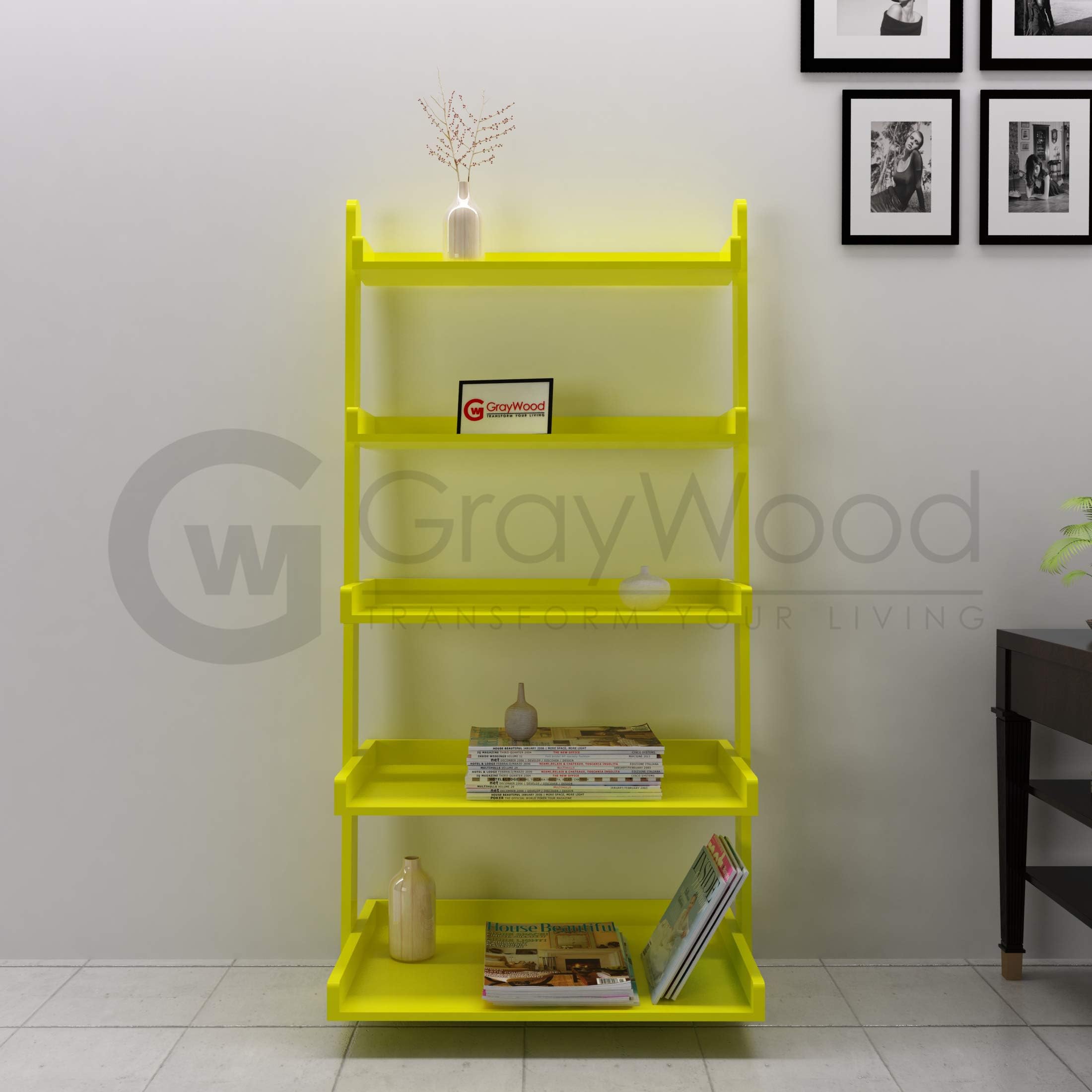 RjKart Furniture 5 Tier Bookcase Ladder Shelf & Room Organiser Storage Divider Furniture | Yellow Finish