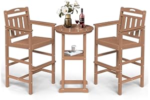 Ciokea Balcony Chairs and Table 3 Pieces Set, Outdoor High Top Bar Set, HDPE Oversized Adirondack Bar Chairs Set of 2 and Round Table for Outside Dining Bistro Poolside Backyard, Teak
