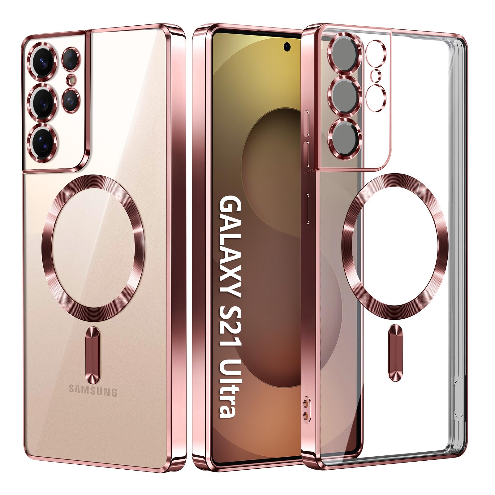 Hurgoer for Samsung Galaxy S21 Ultra Case.Soft TPU Electroplated Frame Cover with Clear Back.Drop Tested Protective Full Body Case.Thin Light Slim【Not Magsafe】 (Rose Gold, S21 Ultra)