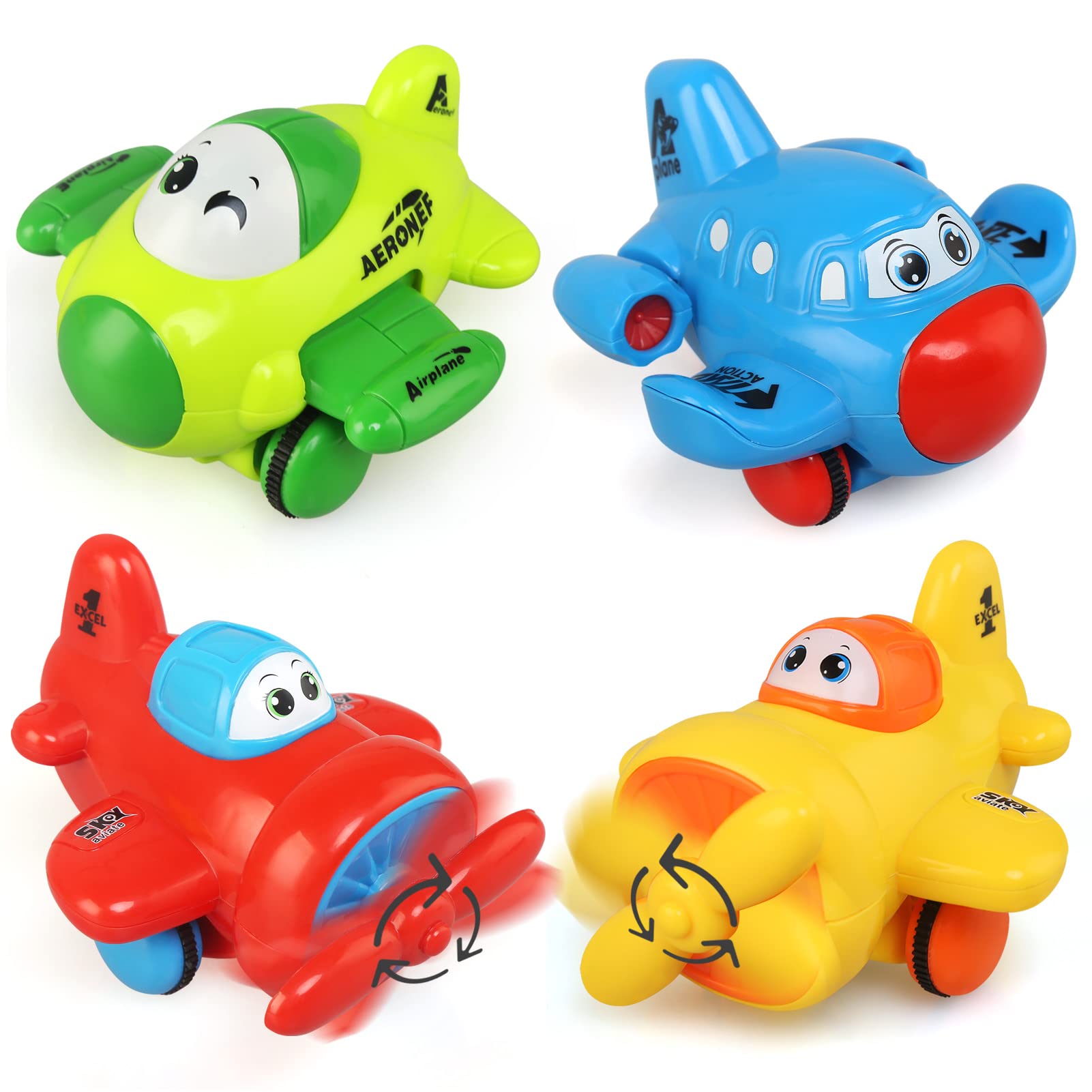 JoyPlus Baby Toy Cars for 1 2 3 Year Olds, 4 PCS Push and Go Airplane Cars, Friction Powered Airplane Toys, Pull Back Aircrafts Vehicle Set, Helicopter Gifts for 1 2 3 4 Year Olds Boys Girls