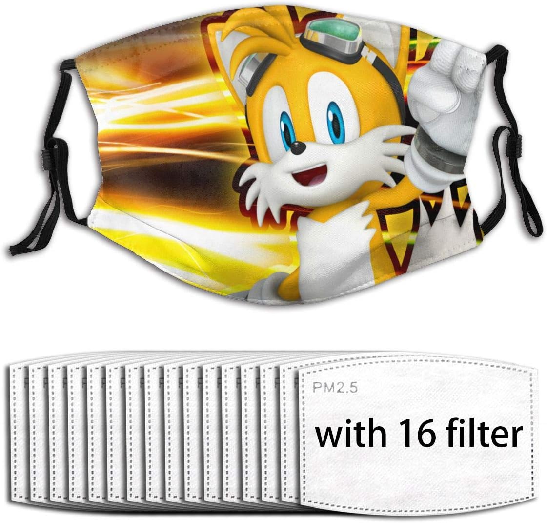 Narustop Fan Mart Custom Mouth Guard with Replaceable Filters Activated Carbon Cover for Farmer Running Daily Use Washable Windproof Dust Guard, Cartoon Character Sonic Team Tail - 16 Filter