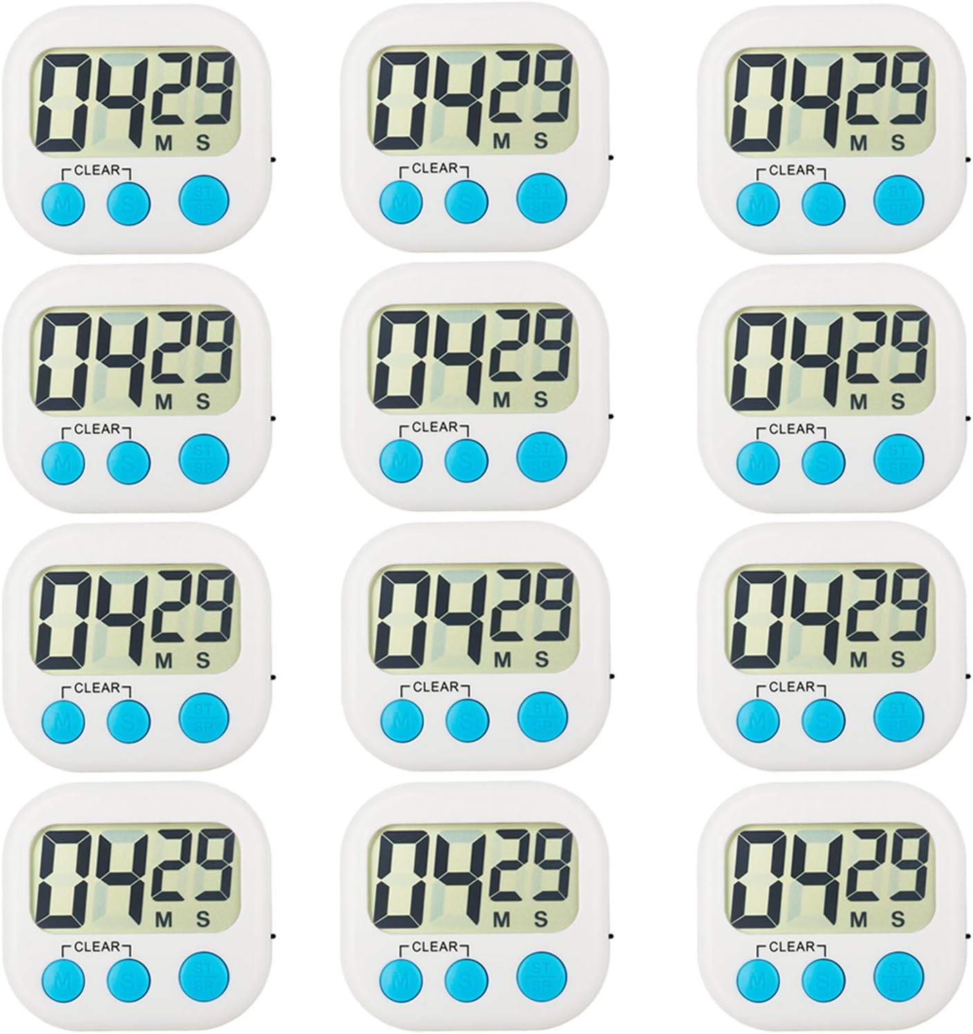 Kitchen Timer 12 Pack Small Digital Electronic Loud Alarm, Magnetic Backing, ON/OFF Switch, Classroom Teacher Minute Second Countdown, Office, White