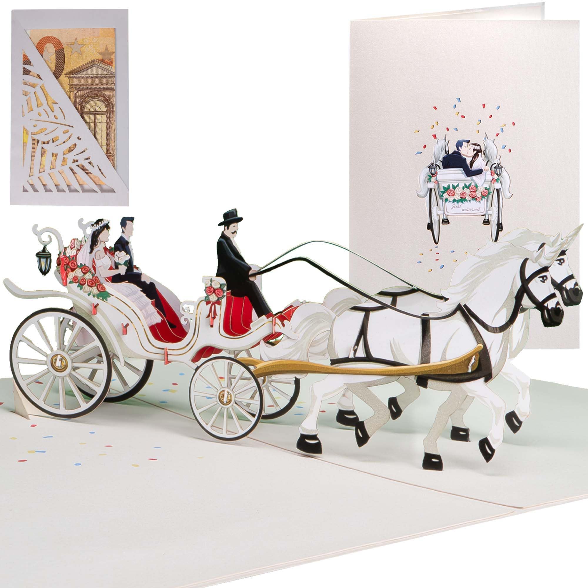 Sweetpopup® 3D Wedding Pop-Up Card with Horse Carriage – Intricately Handmade – Includes Cash Gift Holder – Perfect for Bridal Couples, Newlyweds & Just Married Wishes (044)