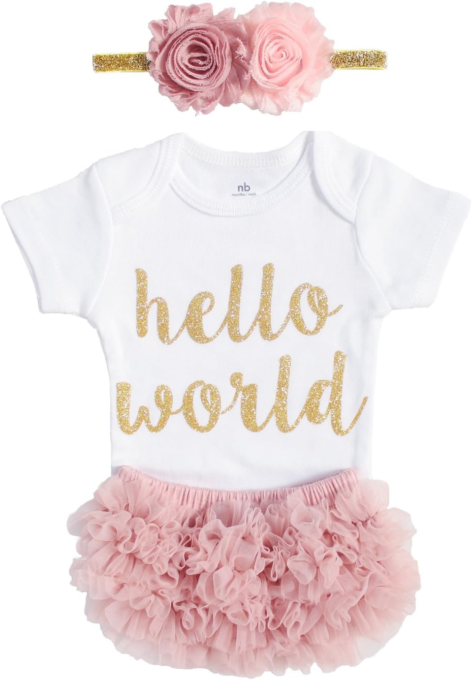 OoSweetCharlotteoO Newborn Baby Girl Coming Home Outfit Hello World Bodysuits 3pcs (3 Months) Pink and Gold