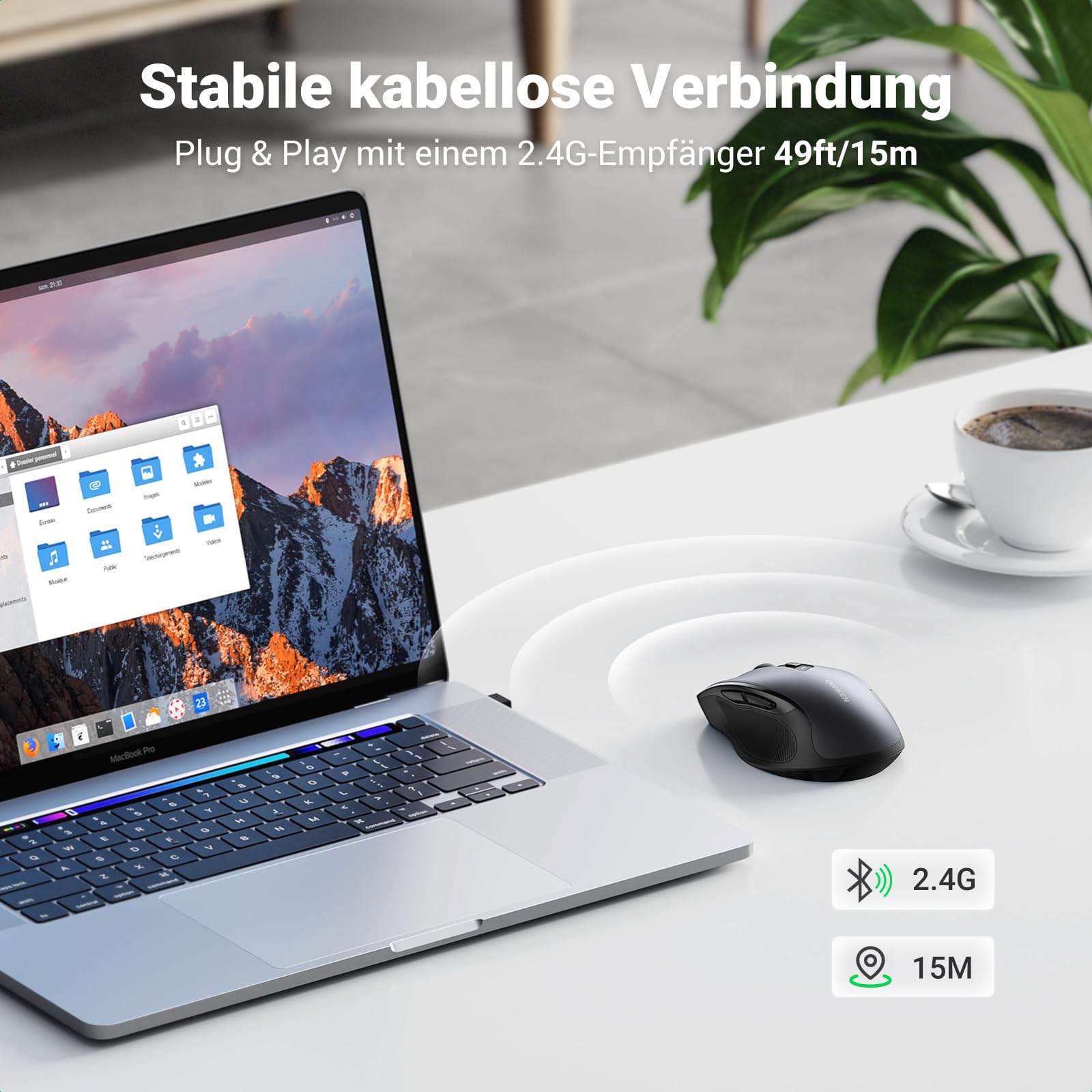 UGREEN 2.4G Maus kabellos mit 4000 DPI, Ergonomisches Design, Wireless Mouse mit USB Empfänger, 18 Monate Akkulaufzeit, funkmaus kompatibel mit Laptop Computer Windows macOS Linux (Schwarz) 5