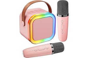Irosiy Portable Karaoke Machine with Dual Microphones, Hi-Fi Bluetooth Speaker with Colorful Lights, Supports TF Card, USB, AUX, Mini Size for Travel, Parties, and Outdoor Use (Pink)