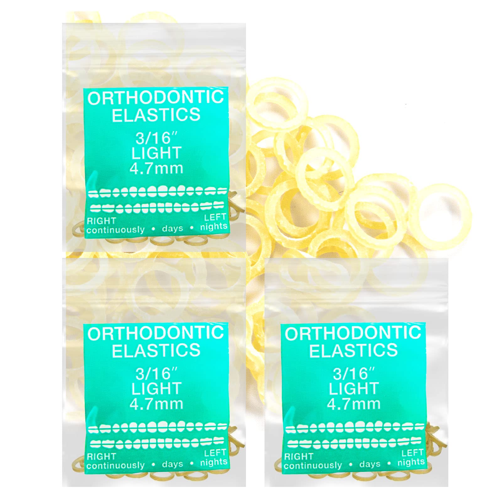 Latex Amber 3 Packs 300 counts 3/16inch LIGHT 4.8mm Intraoral Elastic Bands Unimedic Orthodontic Elastics Dental Rubber Bands Made in US [3/16inch (4.8mm) Light(2.5oz)]