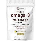 Mega Omega-3 Krill & Fish Oil 2,000mg Equivalent, 240 Softgels | Lemon Flavored | Burpless | Essential Fatty Acids & Astaxanthin | EPA 350mg + DHA 230mg | Heart & Brain Supplement