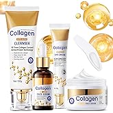 Collagen Skin Care Set, Anti Aging Skincare Set for Reduce Wrinkles, Shrink Pores, Smooth Fine Lines, Hydrating, 4 Pcs Travel Skincare Kits for Women with Cleanser, Serum, Cream, Eye Cream.