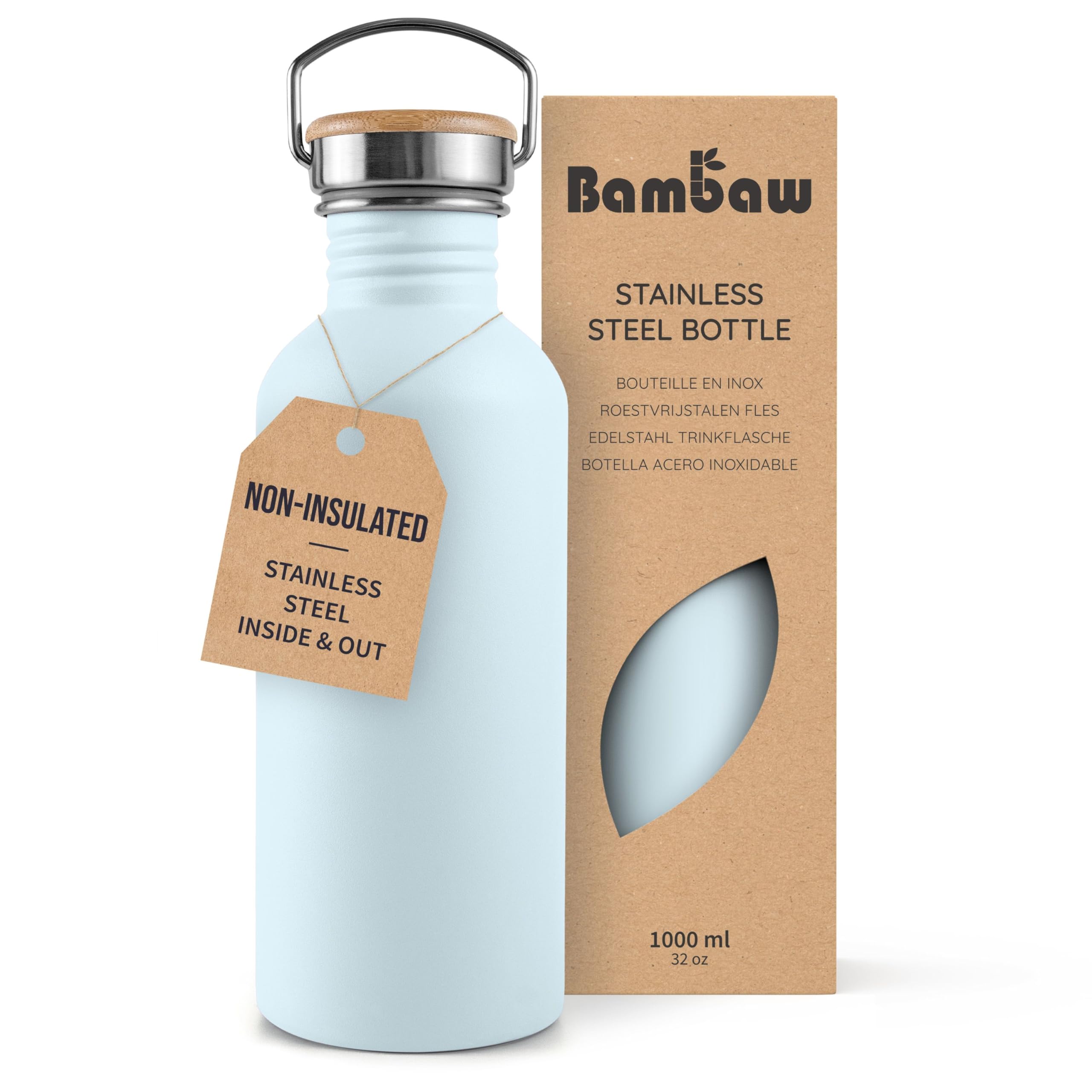 Bambaw Stainless Steel Water Bottle - 1L, Light Blue, Non-Insulated, Leakproof & Reusable - Ice Blue
