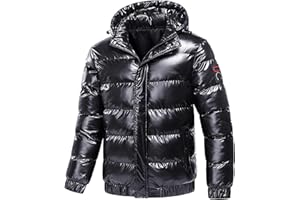 HOMISY Winter Warm Men Puffer Coat with Fur Hood,Shiny Hooded Reflective Padded Coat Plus Size Bomber Alternative Down Jacket