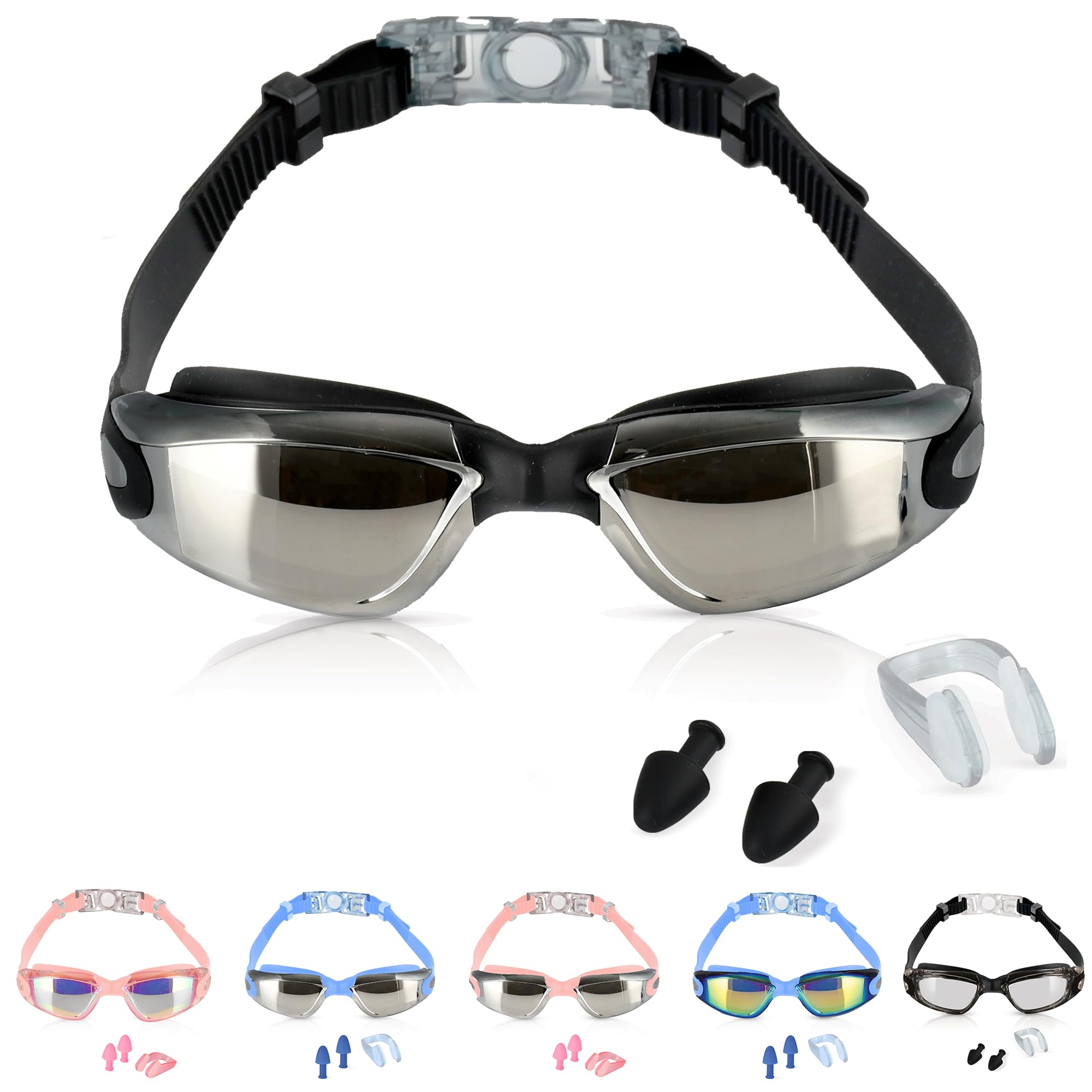 Swim Goggles for Adults & Kids 9+ Anti Fog Swimming Goggles with UV Protection, Leak-Proof Seal, Wide Clear Vision – Includes Nose Clip, Ear Plugs, Case – Comfortable for Pool, Sea & Open Water