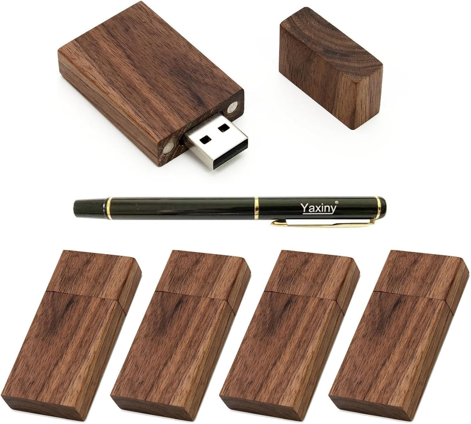 Yaxiny 5 Pack Rectangle Walnut Wood 3.0 USB Flash Drive 32GB USB Disk Memory Stick with Wooden