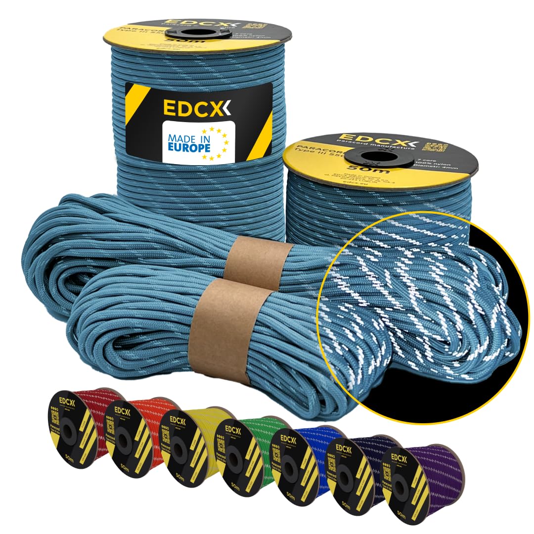 EdcX 4 mm Reflective Paracord 550 (15, 30, 50 m) – Tear-Resistant Parachute Cord for Survival Made of 100% Nylon, 4 mm Type III with 7 Wires (Reflective Skylight, 15 m) — image 1