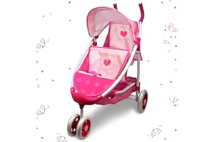 ANIVIA Twin Doll Stroller Heart Design, 1:1 Foldable Double Doll Pram, Suitable for Ages 3+, Dolls Up to 36cm, Pink, DA601T Black